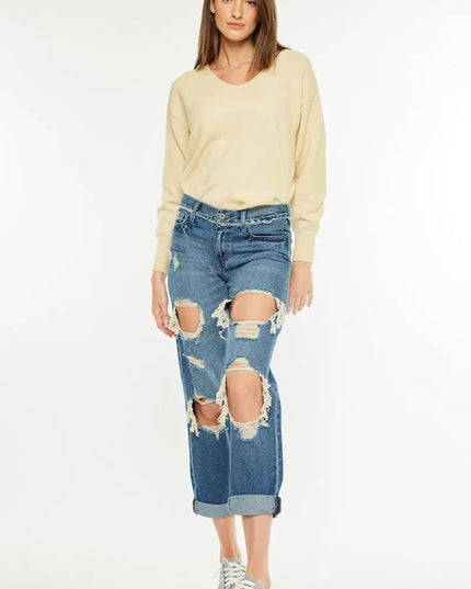 Kancan Distressed Mid Rise True Boyfriend Jeans - THE AMERICAN BLUE