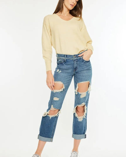 Kancan Distressed Mid Rise True Boyfriend Jeans - THE AMERICAN BLUE