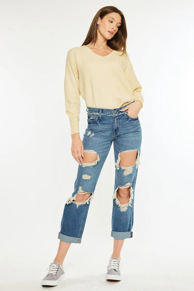 Kancan Distressed Mid Rise True Boyfriend Jeans - THE AMERICAN BLUE