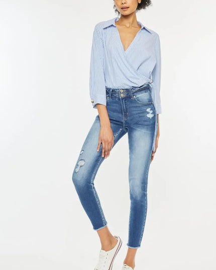 Kancan Distressed Raw Hem High Waist Jeans - THE AMERICAN BLUE