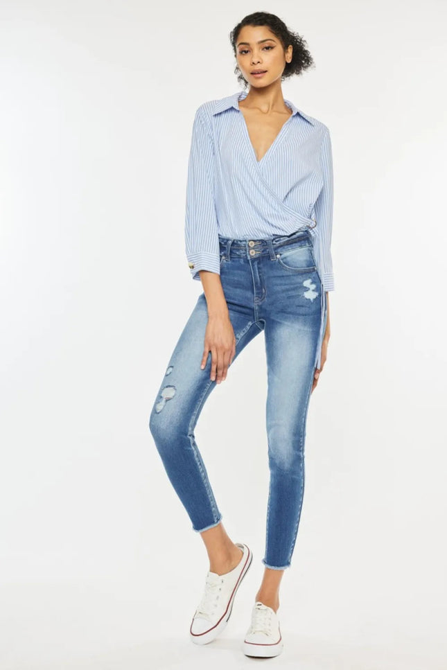 Kancan Distressed Raw Hem High Waist Jeans - THE AMERICAN BLUE