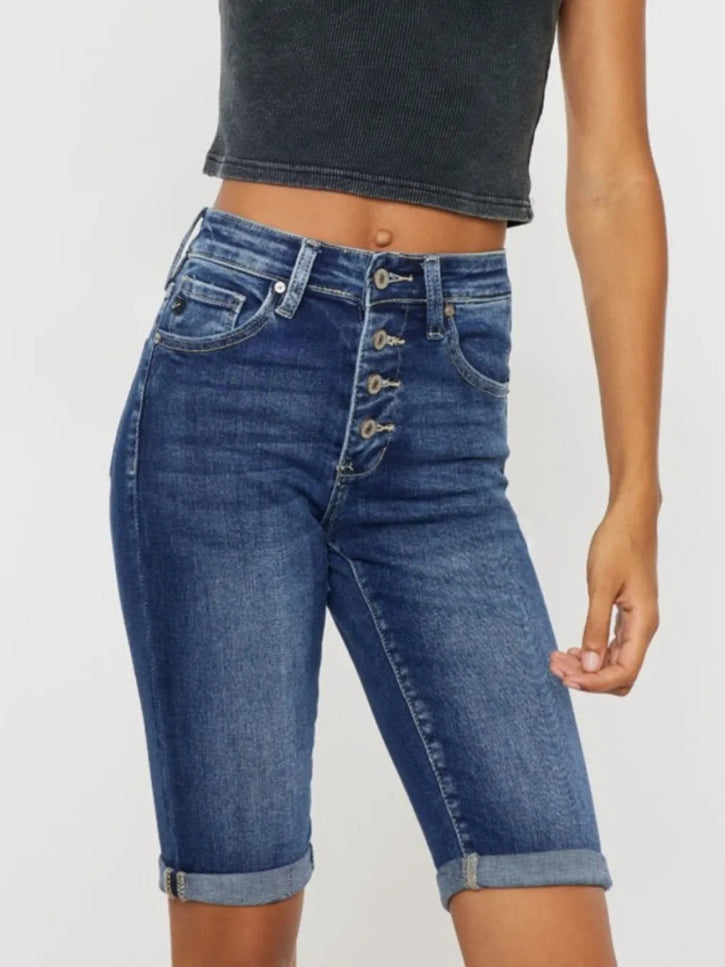Kancan Full Size Cat's Whiskers Button Fly Denim Shorts - THE AMERICAN BLUE