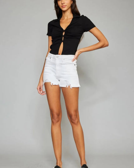 Kancan Full Size High Rise Frayed Hem Denim Shorts - THE AMERICAN BLUE