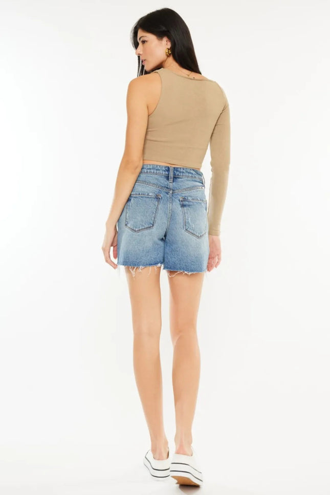 Kancan Full Size Raw Hem High Waist Denim Shorts - THE AMERICAN BLUE