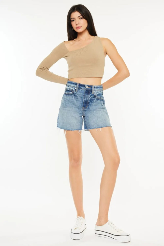 Kancan Full Size Raw Hem High Waist Denim Shorts - THE AMERICAN BLUE