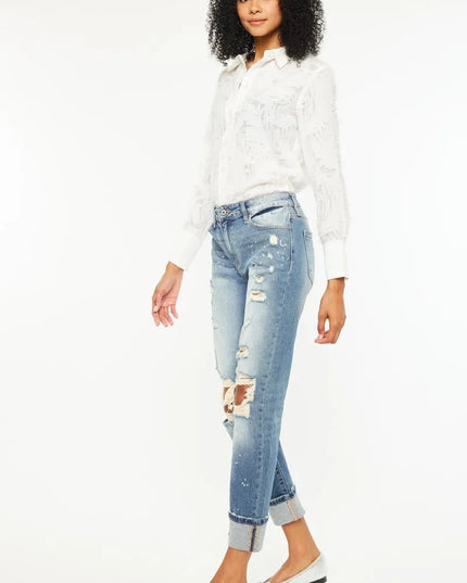 Kancan High Rise Distressed Boyfriend Fit Jeans - THE AMERICAN BLUE