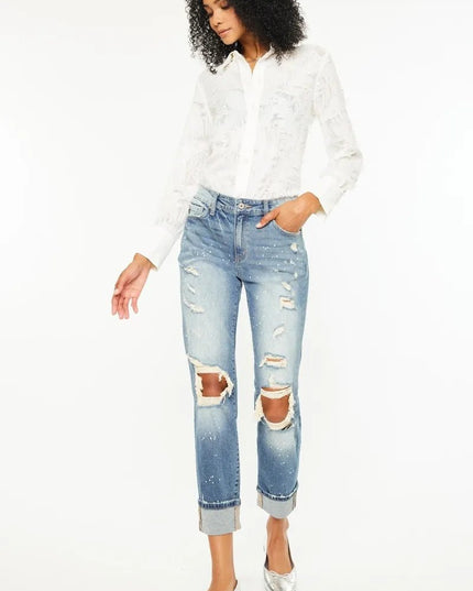 Kancan High Rise Distressed Boyfriend Fit Jeans - THE AMERICAN BLUE