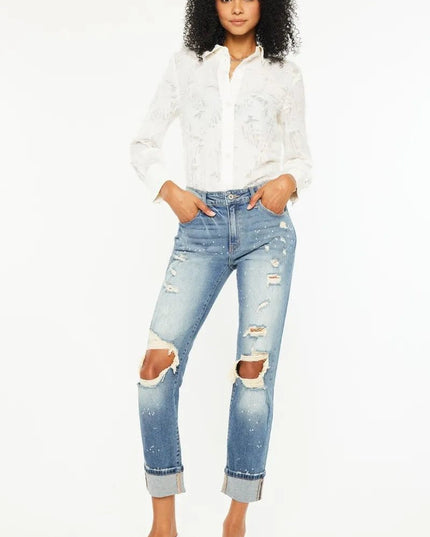 Kancan High Rise Distressed Boyfriend Fit Jeans - THE AMERICAN BLUE