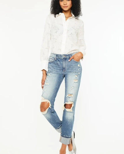 Kancan High Rise Distressed Boyfriend Fit Jeans - THE AMERICAN BLUE