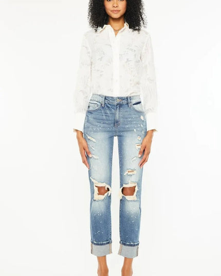 Kancan High Rise Distressed Boyfriend Fit Jeans - THE AMERICAN BLUE