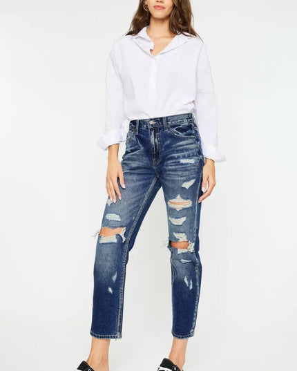 Kancan High Rise Distressed Mom Fit Jeans - THE AMERICAN BLUE