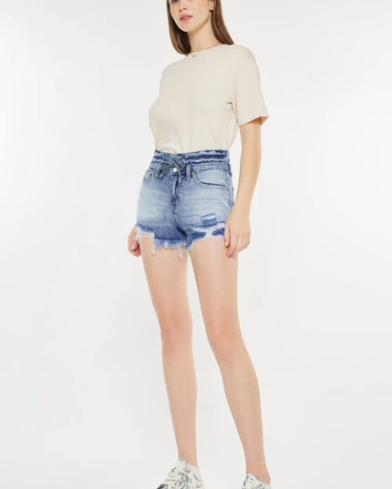 Kancan High Rise Frayed Hem Denim Shorts - THE AMERICAN BLUE