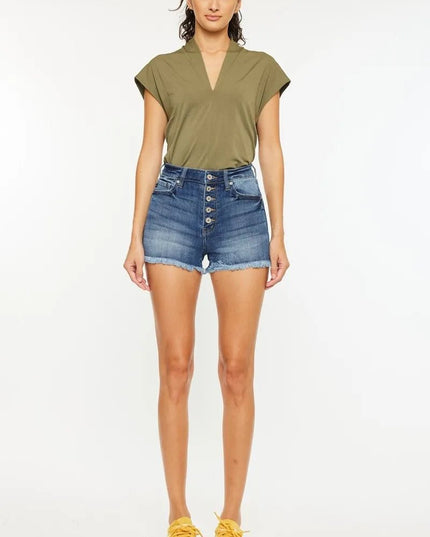 Kancan High Rise Frayed Hem Denim Shorts - THE AMERICAN BLUE