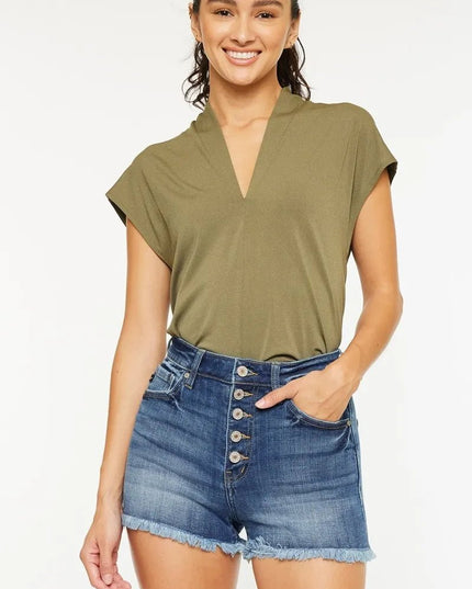 Kancan High Rise Frayed Hem Denim Shorts - THE AMERICAN BLUE