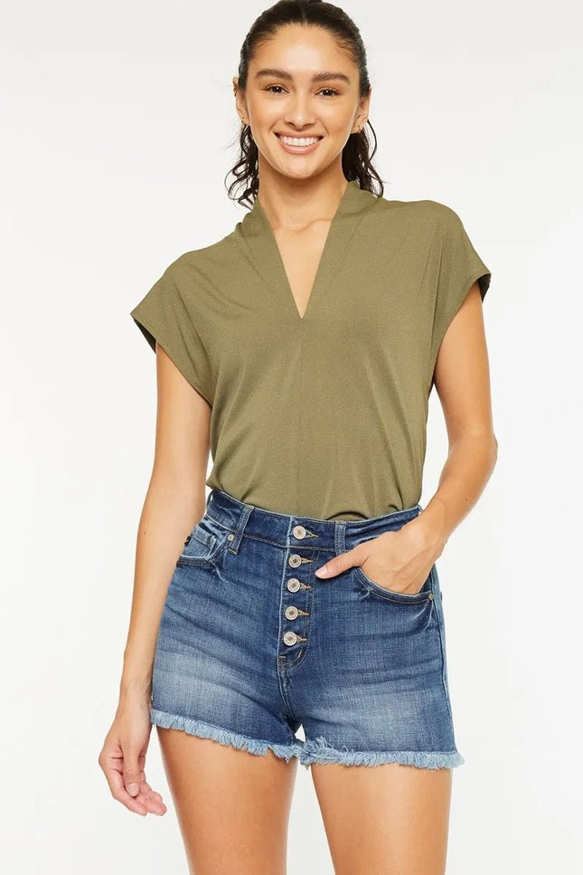 Kancan High Rise Frayed Hem Denim Shorts - THE AMERICAN BLUE