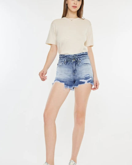 Kancan High Rise Frayed Hem Denim Shorts - THE AMERICAN BLUE