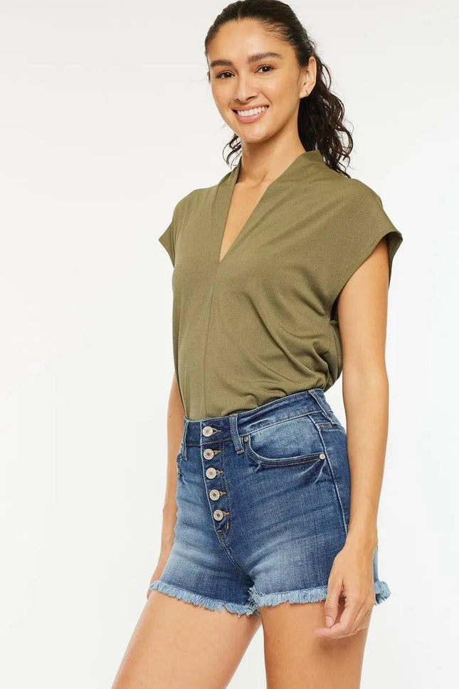 Kancan High Rise Frayed Hem Denim Shorts - THE AMERICAN BLUE