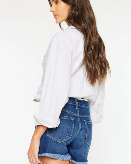 Kancan High Rise Frayed Hem Denim Shorts - THE AMERICAN BLUE