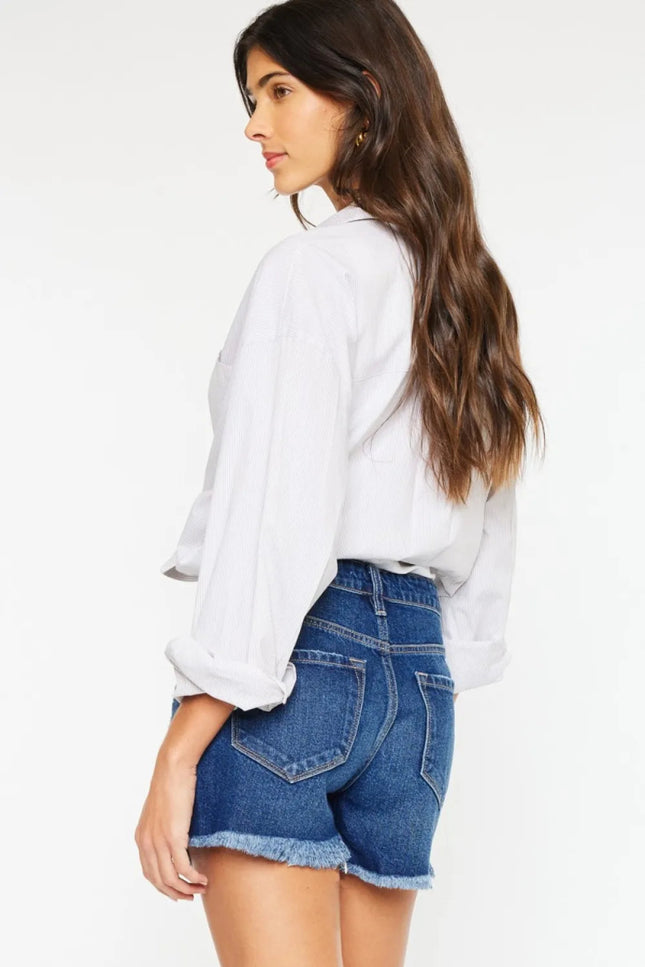 Kancan High Rise Frayed Hem Denim Shorts - THE AMERICAN BLUE