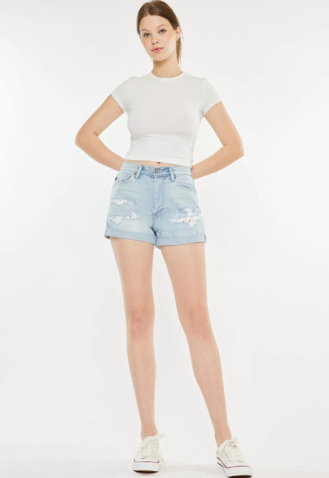Kancan High Rise Repaired Mom Denim Shorts - THE AMERICAN BLUE
