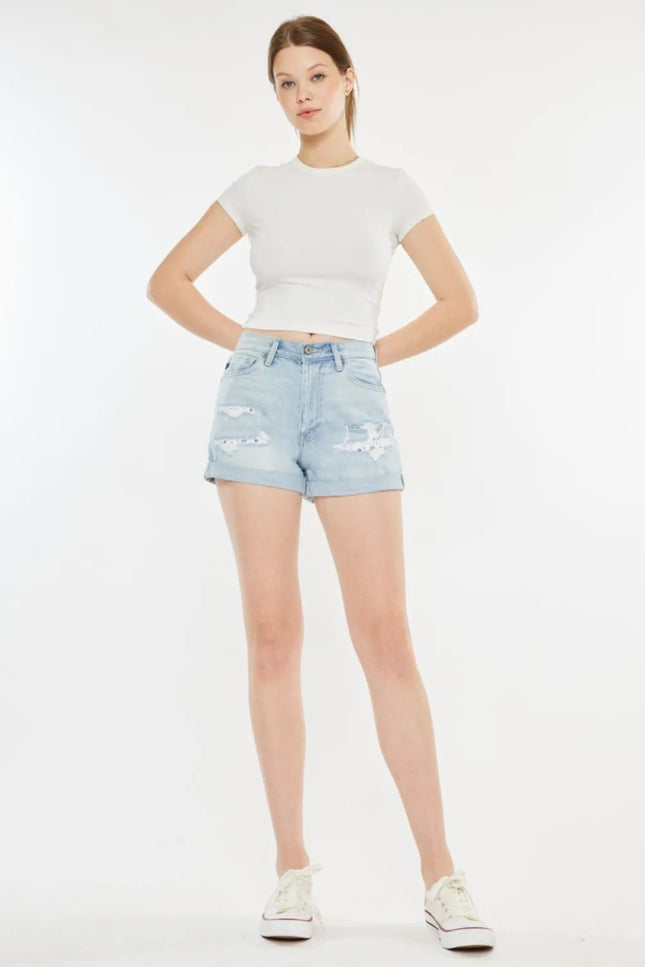 Kancan High Rise Repaired Mom Denim Shorts - THE AMERICAN BLUE