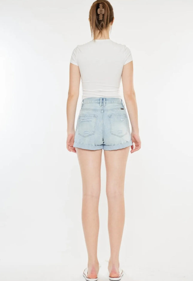 Kancan High Rise Repaired Mom Denim Shorts - THE AMERICAN BLUE