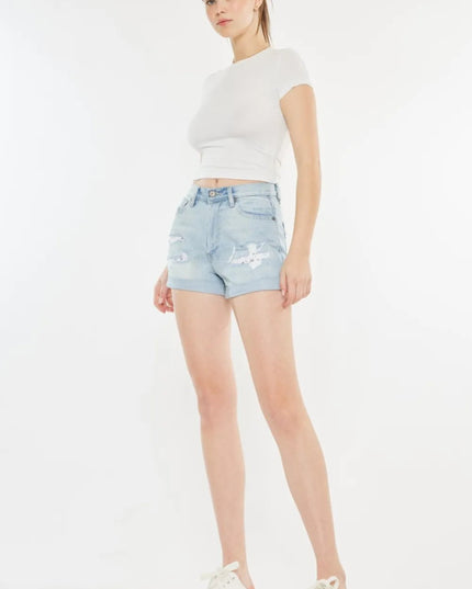 Kancan High Rise Repaired Mom Denim Shorts - THE AMERICAN BLUE