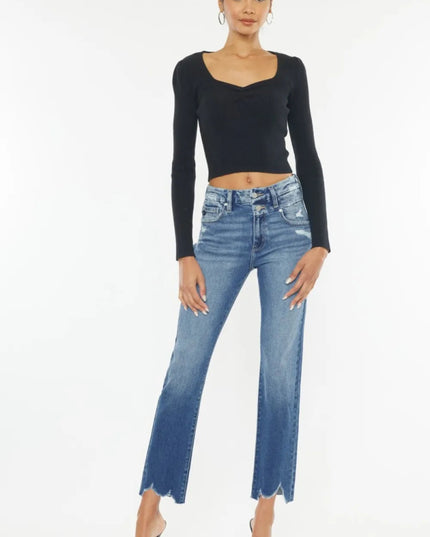 Kancan High Rise Wide Waistband Slim Straight Jeans - THE AMERICAN BLUE