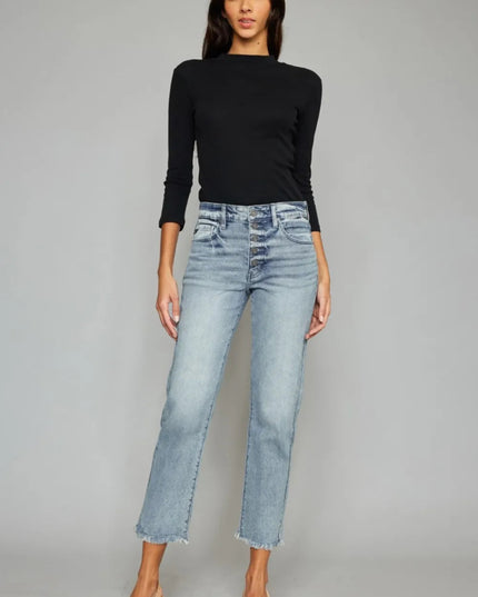 Kancan High Waist Button Fly Raw Hem Cropped Straight Jeans - THE AMERICAN BLUE