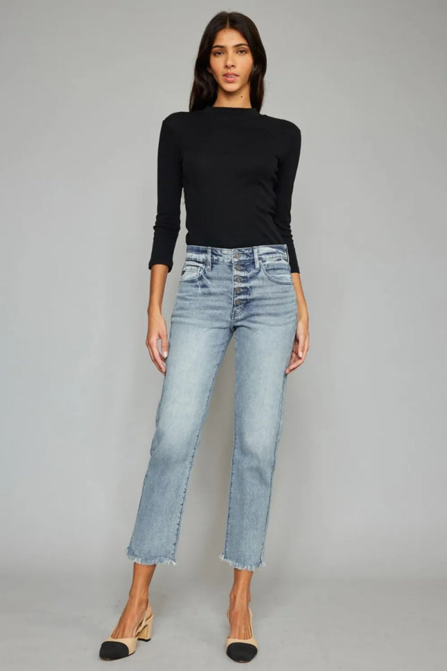 Kancan High Waist Button Fly Raw Hem Cropped Straight Jeans - THE AMERICAN BLUE