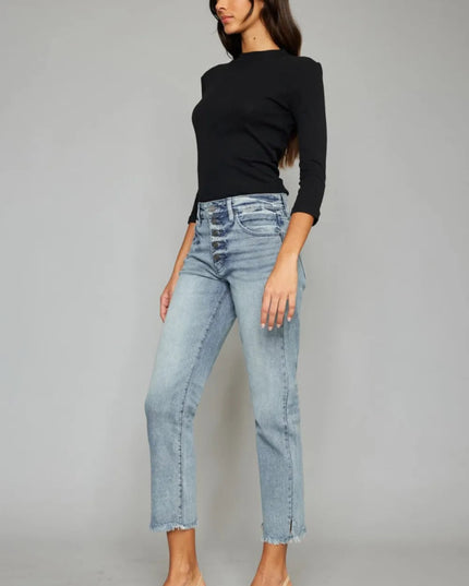 Kancan High Waist Button Fly Raw Hem Cropped Straight Jeans - THE AMERICAN BLUE