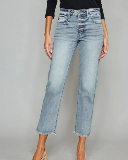 Kancan High Waist Button Fly Raw Hem Cropped Straight Jeans - THE AMERICAN BLUE