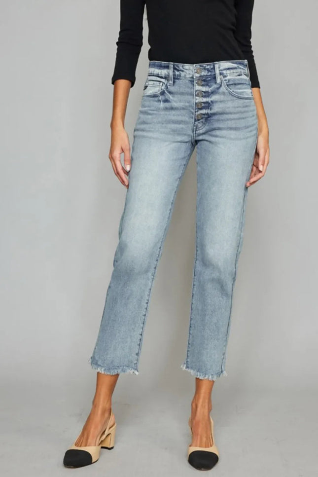 Kancan High Waist Button Fly Raw Hem Cropped Straight Jeans - THE AMERICAN BLUE