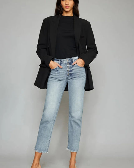 Kancan High Waist Button Fly Raw Hem Cropped Straight Jeans - THE AMERICAN BLUE