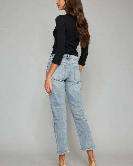 Kancan High Waist Button Fly Raw Hem Cropped Straight Jeans - THE AMERICAN BLUE
