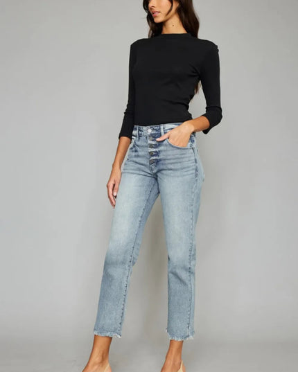 Kancan High Waist Button Fly Raw Hem Cropped Straight Jeans - THE AMERICAN BLUE