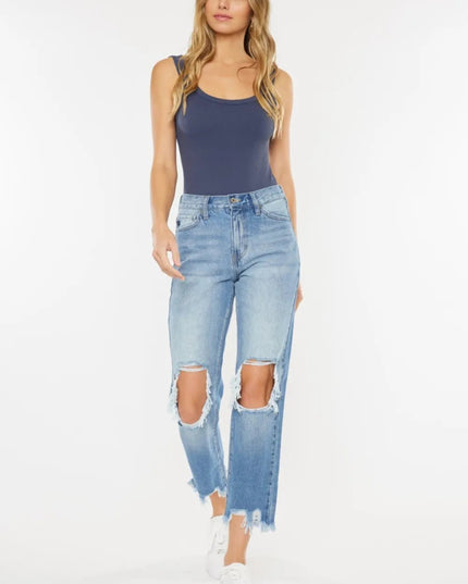 Kancan High Waist Chewed Up Straight Mom Jeans - THE AMERICAN BLUE