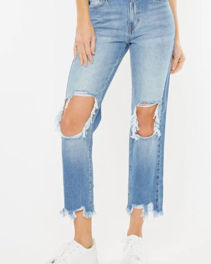 Kancan High Waist Chewed Up Straight Mom Jeans - THE AMERICAN BLUE
