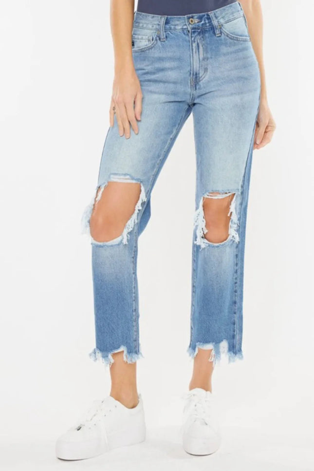 Kancan High Waist Chewed Up Straight Mom Jeans - THE AMERICAN BLUE