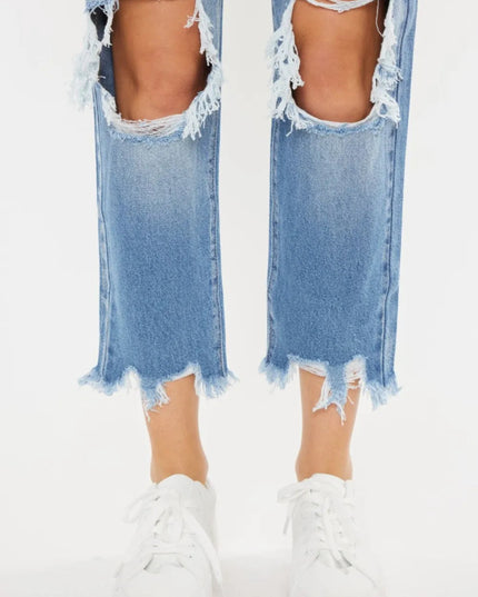 Kancan High Waist Chewed Up Straight Mom Jeans - THE AMERICAN BLUE