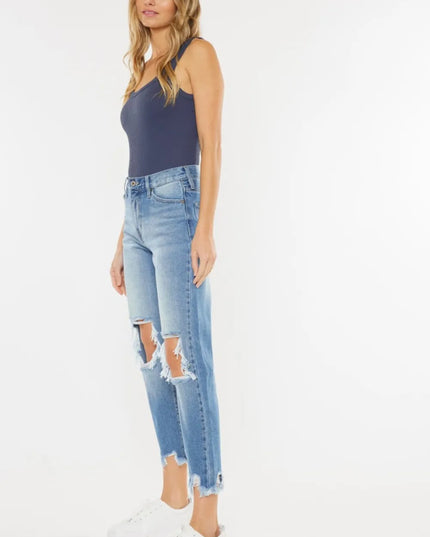 Kancan High Waist Chewed Up Straight Mom Jeans - THE AMERICAN BLUE