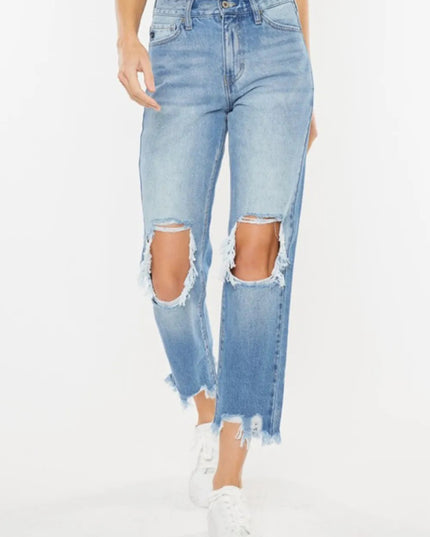 Kancan High Waist Chewed Up Straight Mom Jeans - THE AMERICAN BLUE