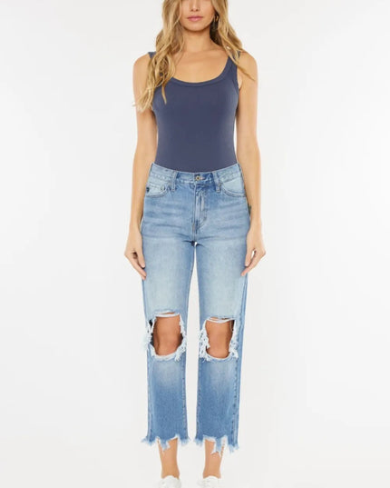 Kancan High Waist Chewed Up Straight Mom Jeans - THE AMERICAN BLUE