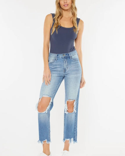 Kancan High Waist Chewed Up Straight Mom Jeans - THE AMERICAN BLUE
