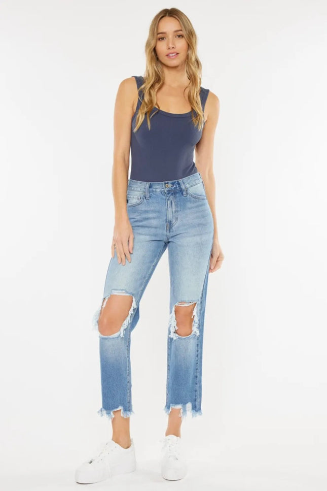 Kancan High Waist Chewed Up Straight Mom Jeans - THE AMERICAN BLUE