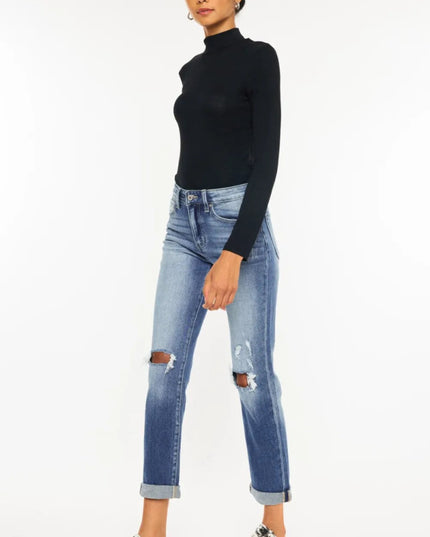 Kancan High Waist Distressed Hem Detail Cropped Straight Jeans - THE AMERICAN BLUE
