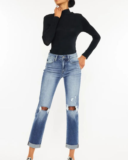 Kancan High Waist Distressed Hem Detail Cropped Straight Jeans - THE AMERICAN BLUE