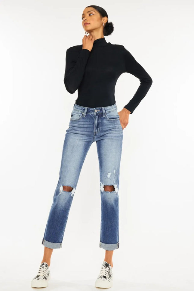 Kancan High Waist Distressed Hem Detail Cropped Straight Jeans - THE AMERICAN BLUE