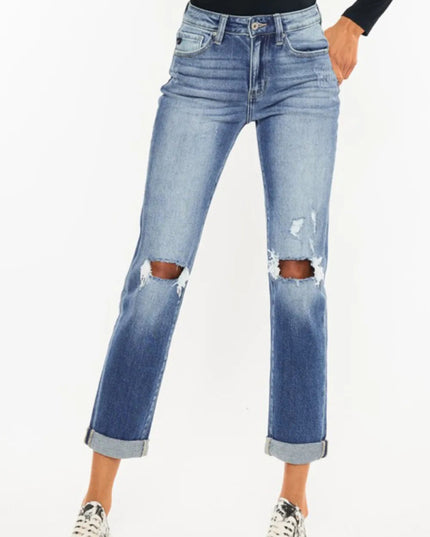 Kancan High Waist Distressed Hem Detail Cropped Straight Jeans - THE AMERICAN BLUE