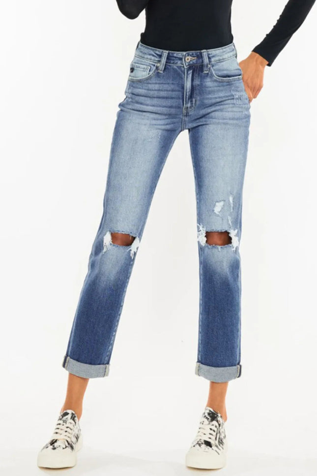 Kancan High Waist Distressed Hem Detail Cropped Straight Jeans - THE AMERICAN BLUE